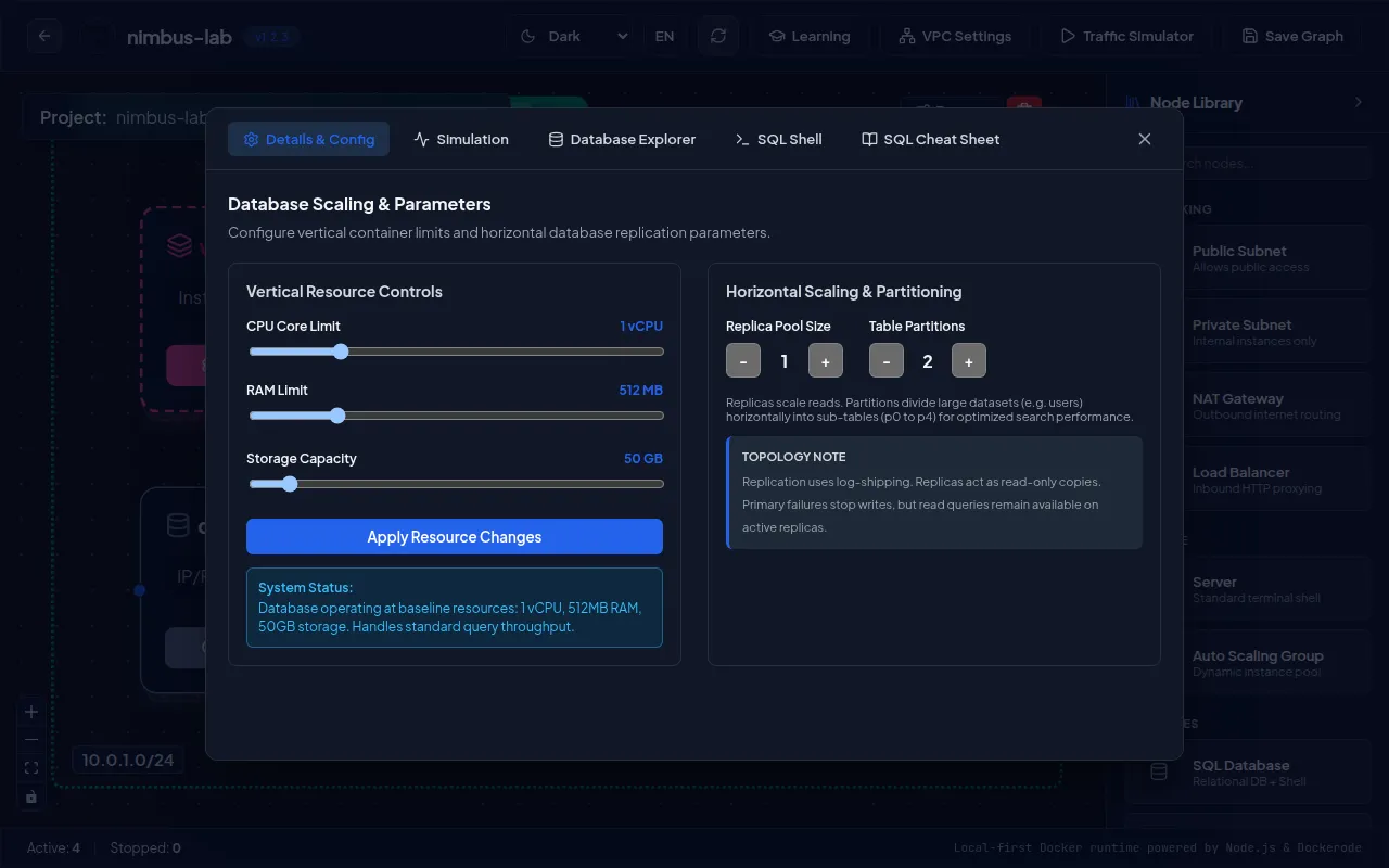 The database inspector: resource limits, replication and partitioning controls, SQL shell